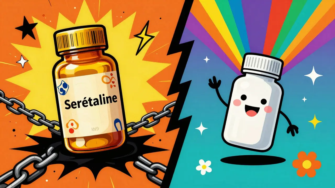 Generic vs brand name pills shown in vibrant psychedelic art