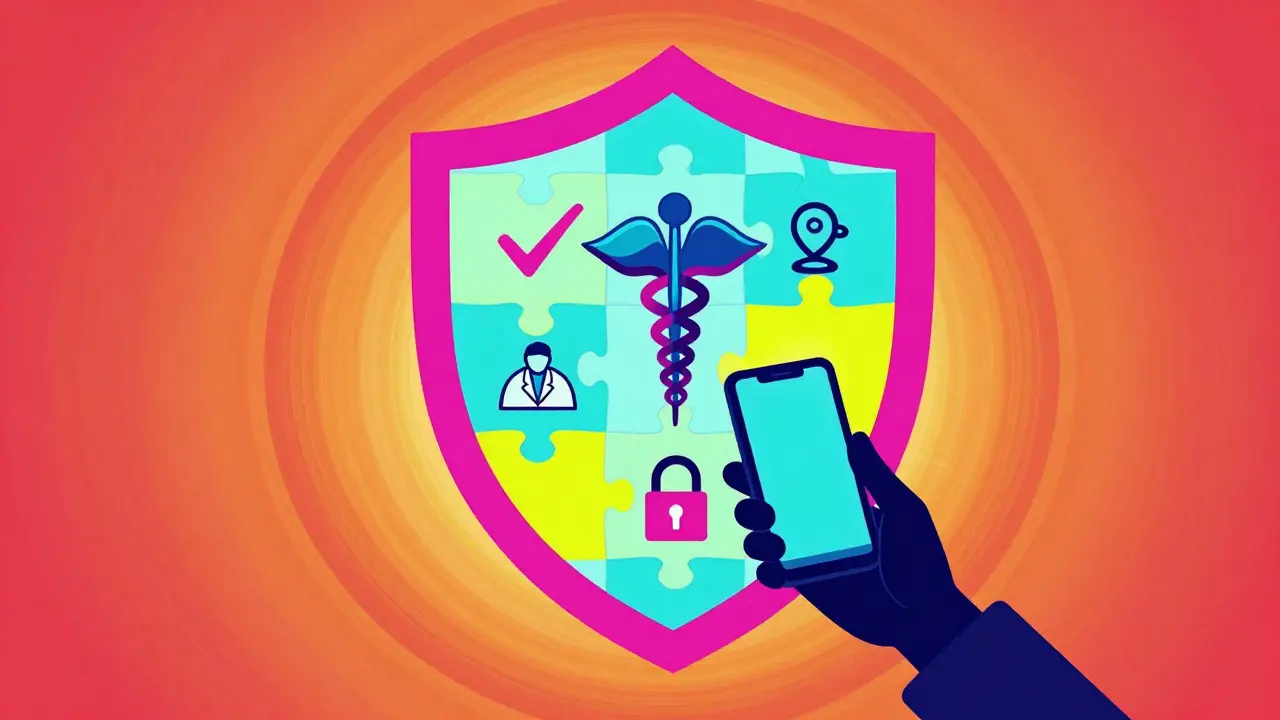 Neon shield protecting a user, symbolizing safe online pharmacy verification.