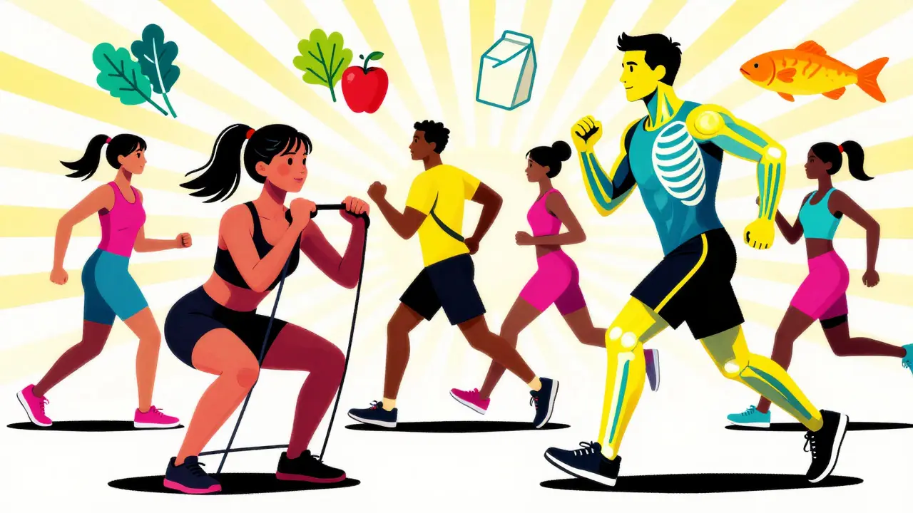 People exercising and eating healthy food to strengthen bones vibrantly