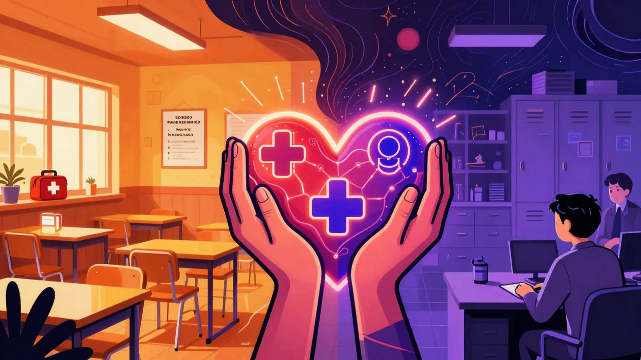 Psychedelic illustration contrasting safe school environments with unprepared workplaces regarding allergy protocols.