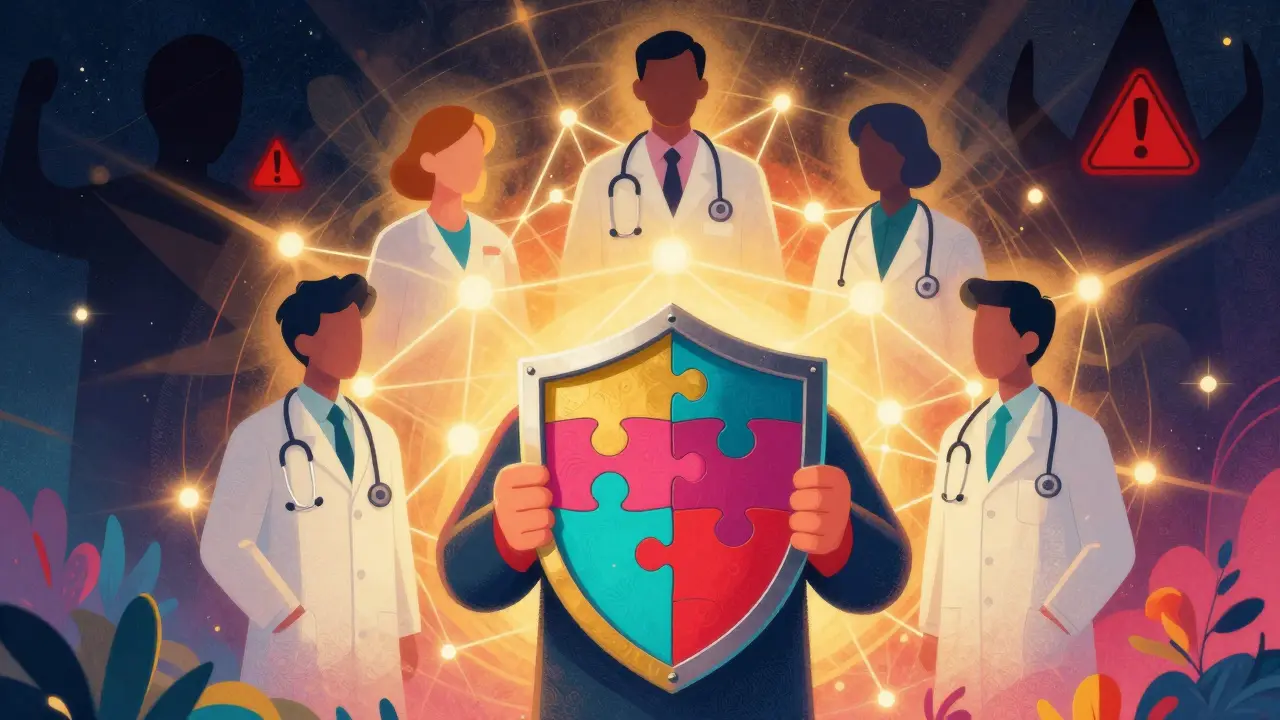 Shield protecting user from scams in Peter Max illustration