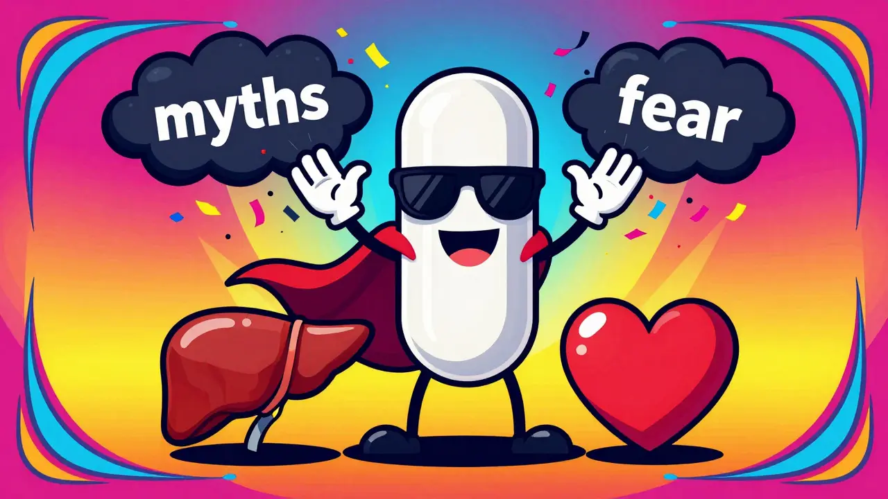 Superhero statin pill defeating myth clouds near happy heart and liver