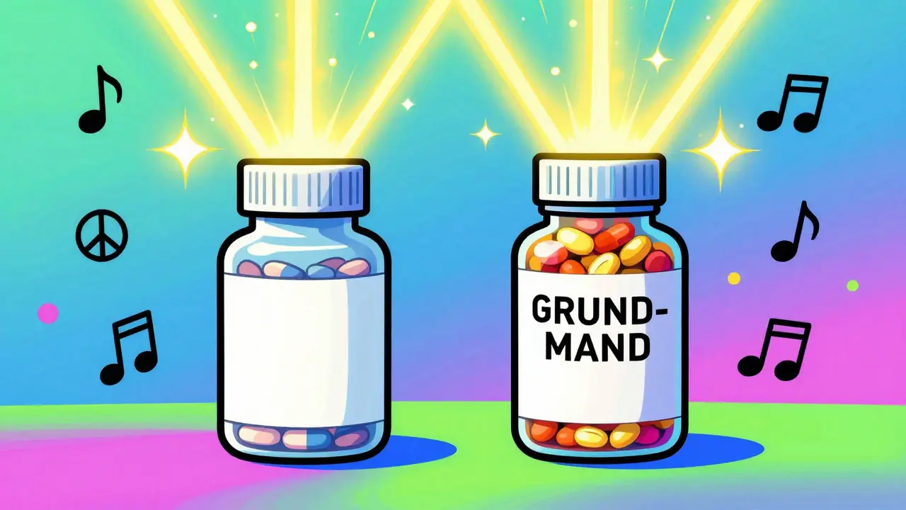 Two pills emitting equal golden light, showing generic equals brand effectiveness.