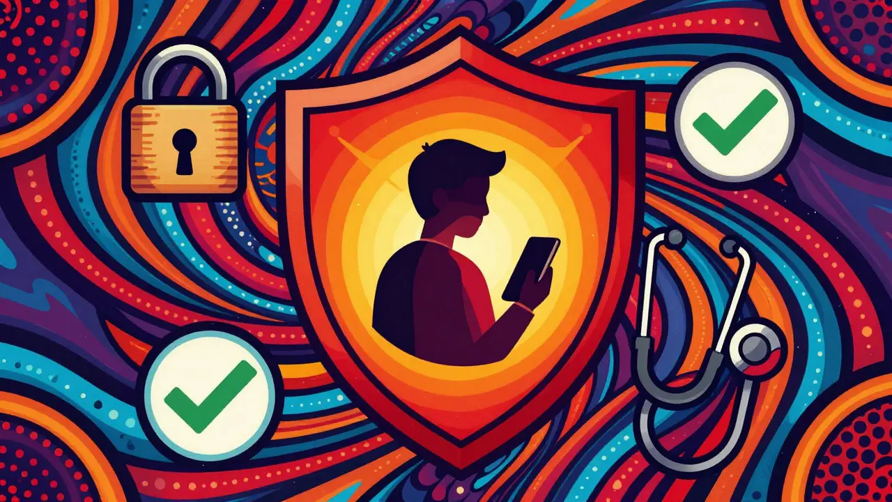 Vibrant art depicting a security shield protecting online pharmacy safety.