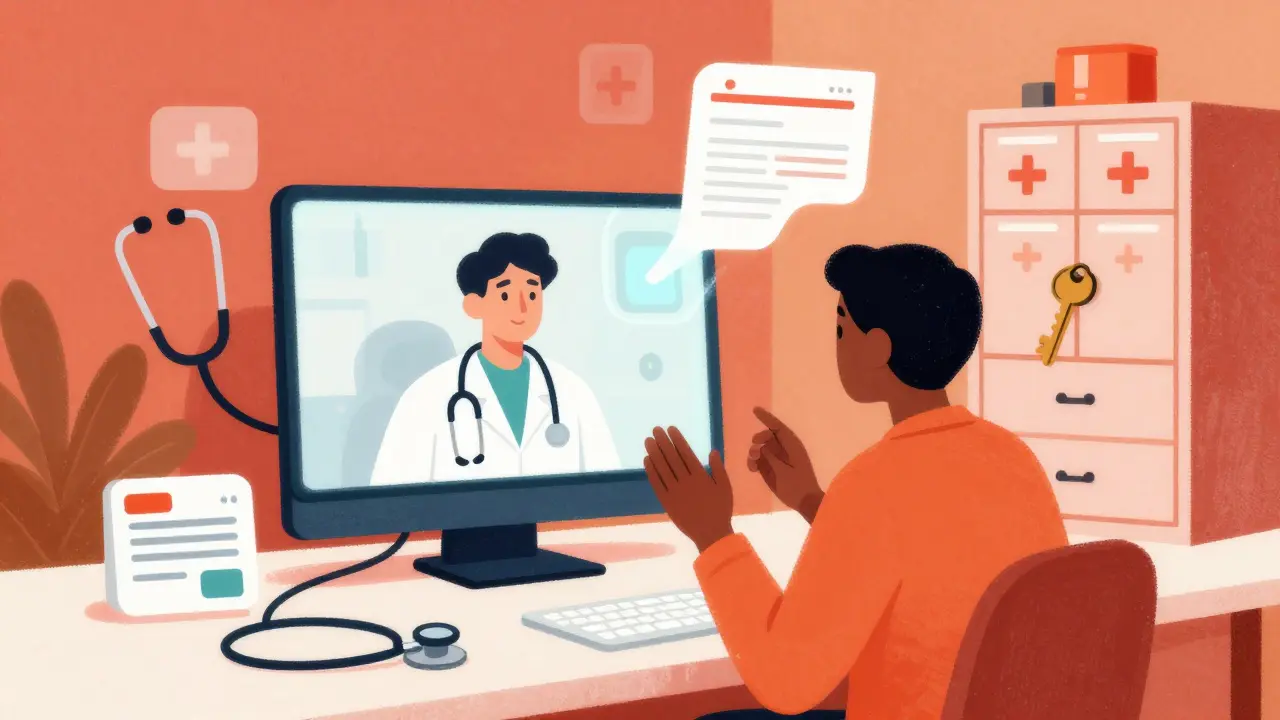 Vibrant art showing telehealth prescription process safely