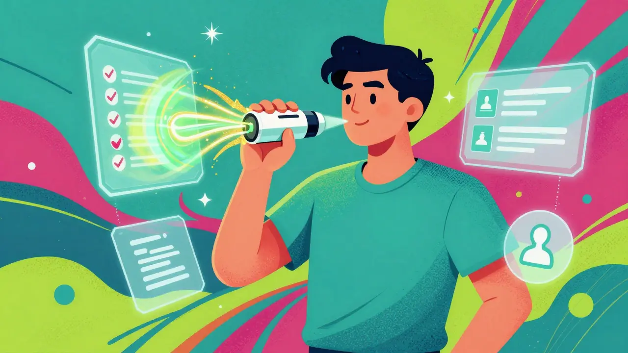 Vibrant Peter Max style image of a person using a futuristic epinephrine device with digital health aids.