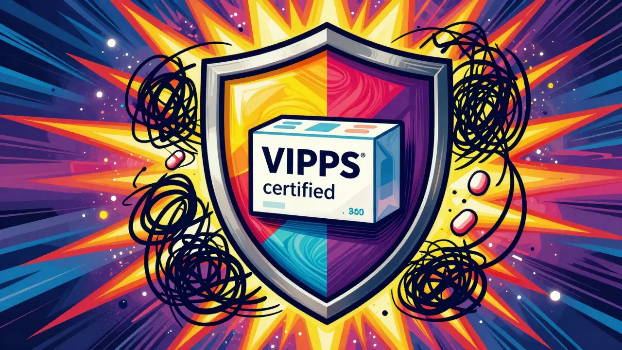 Abstract art depicting safe online pharmacy protection against scams