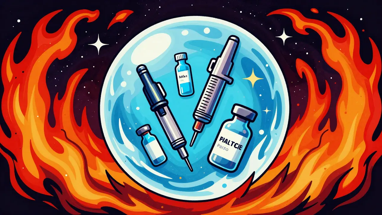 Abstract art showing meds protected from heat waves in cool bubble