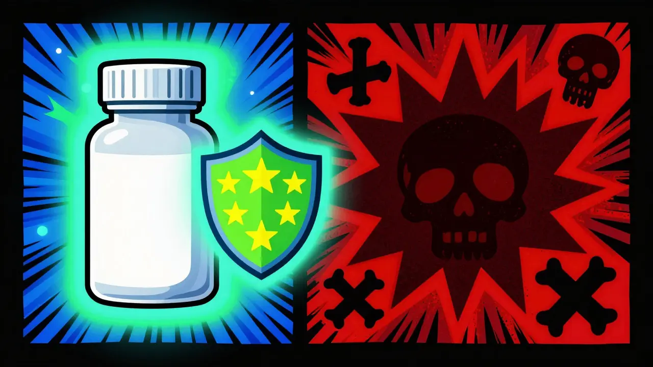Colorful graphic comparing safe meds vs fake pharmacy risks