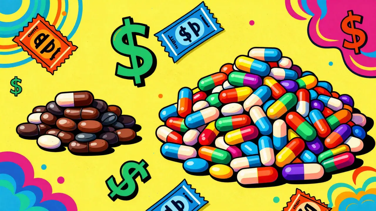 Colorful illustration comparing cheap generic pills to expensive brands