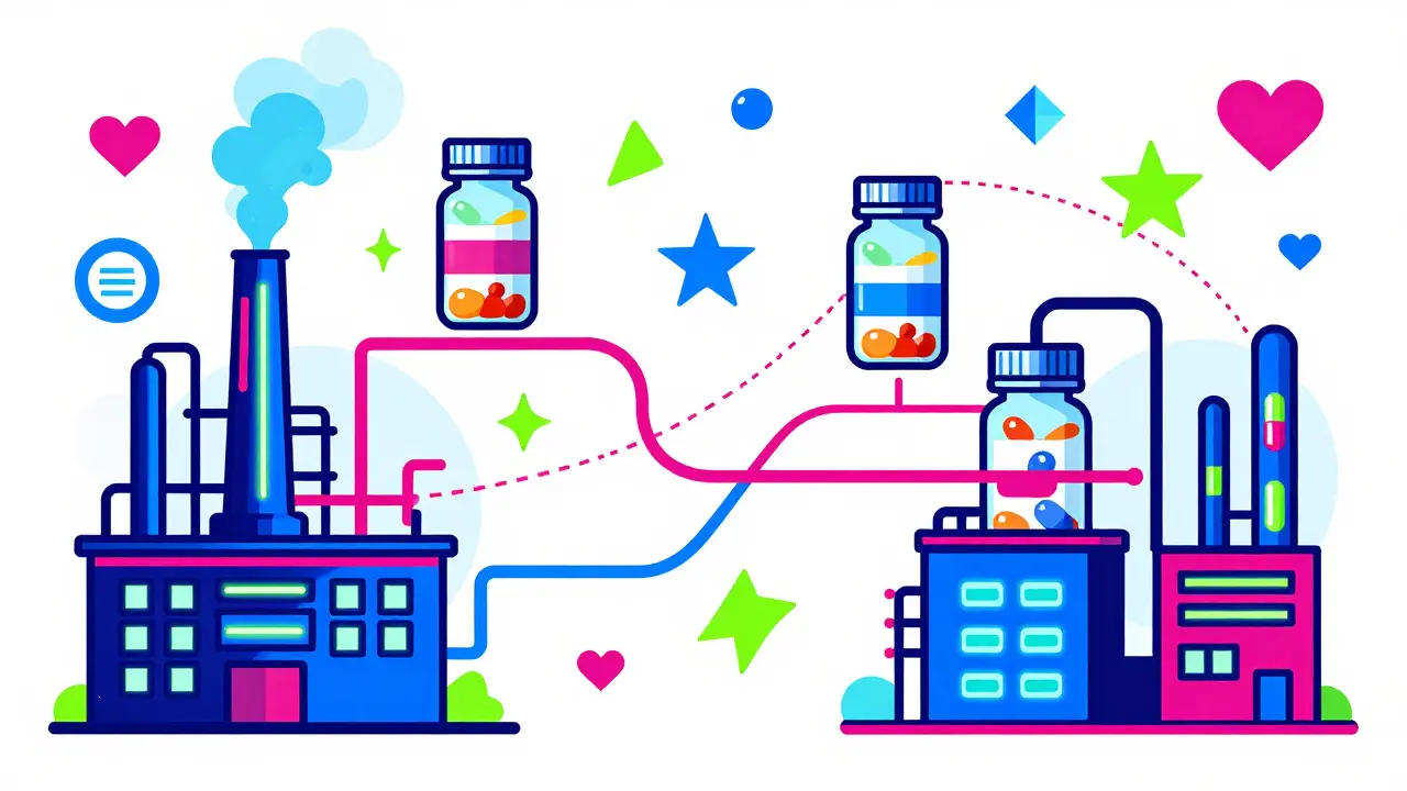 Colorful illustration of drug manufacturing pathways