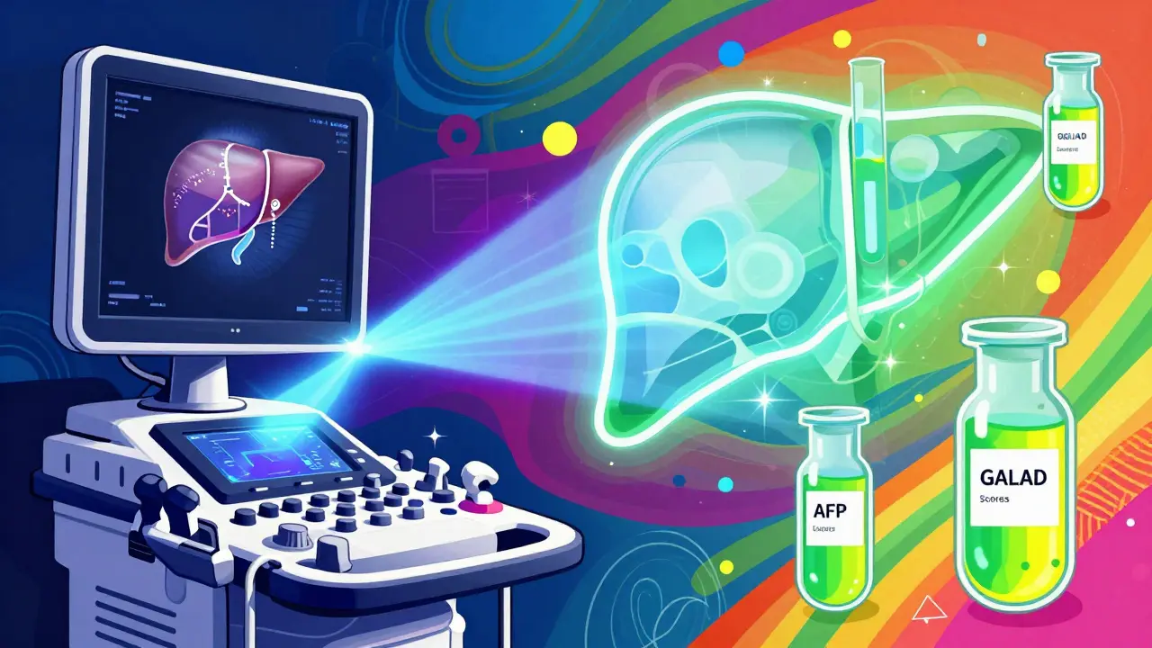 Colorful illustration of ultrasound and blood tests for liver screening