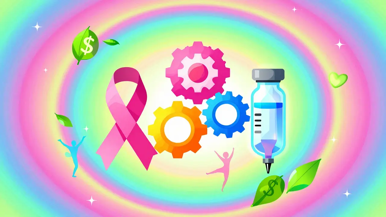 Colorful Peter Max art depicting biosimilars in oncology and cost savings