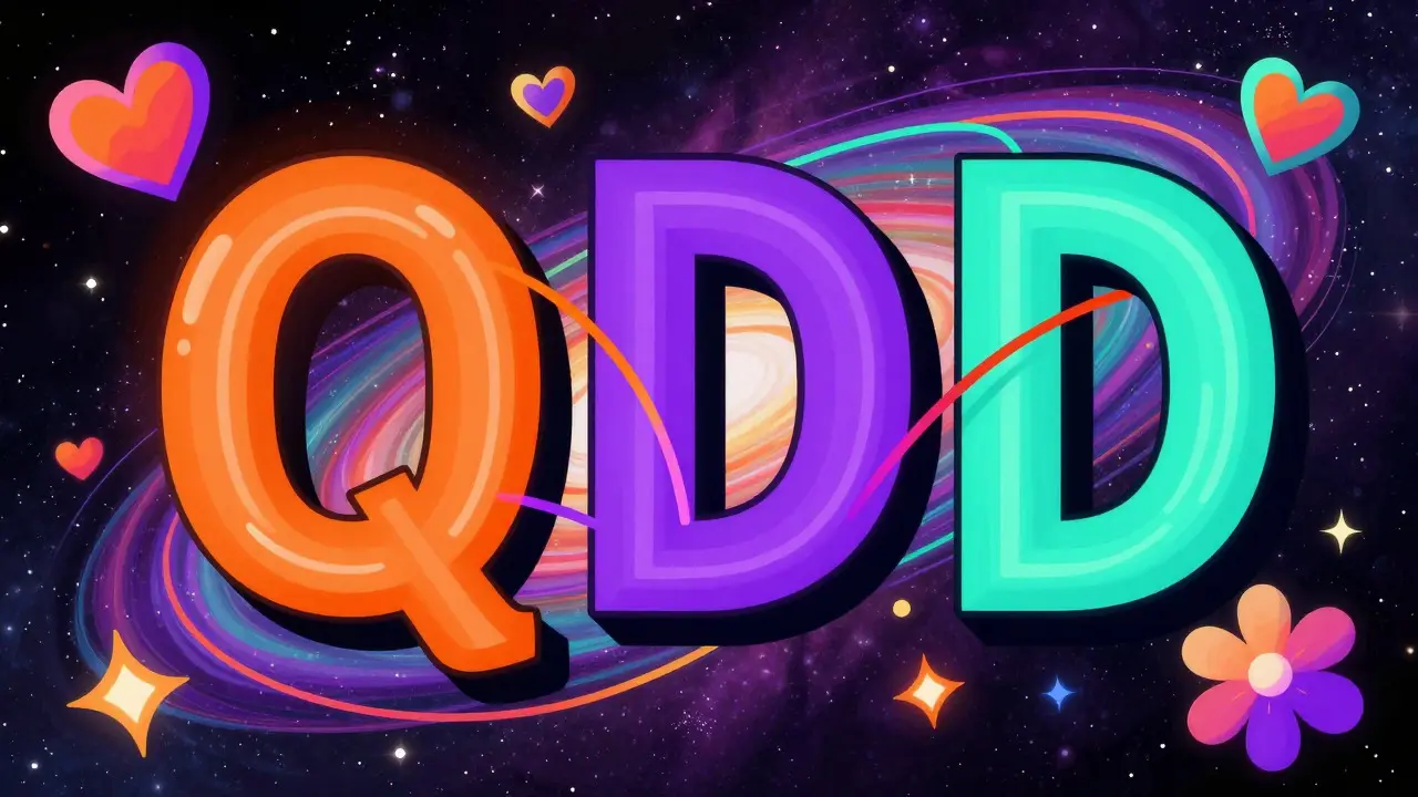 Colorful Peter Max art showing confusing QD and QID letters merging in a cosmic swirl.