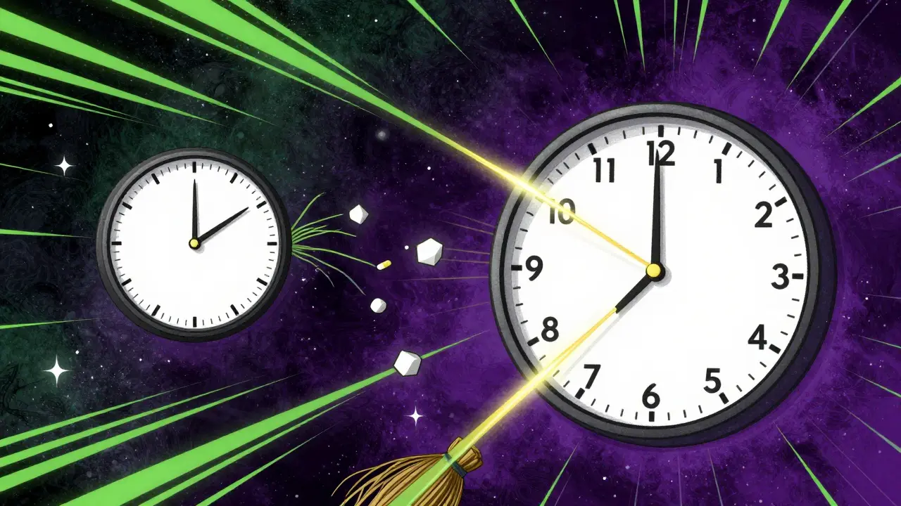 Colorful Peter Max illustration of clocks and separated medicine molecules