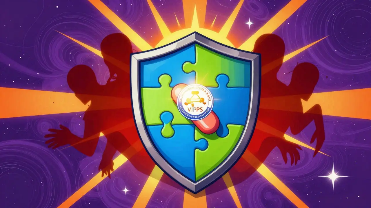 Glowing shield protecting a pill from red scam shadows in neon art