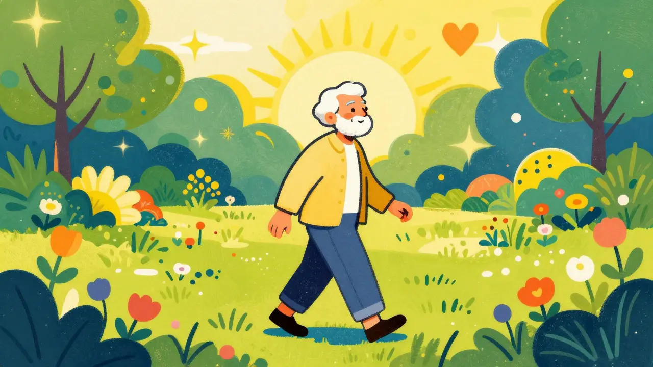 Happy senior enjoying nature with vibrant psychedelic patterns