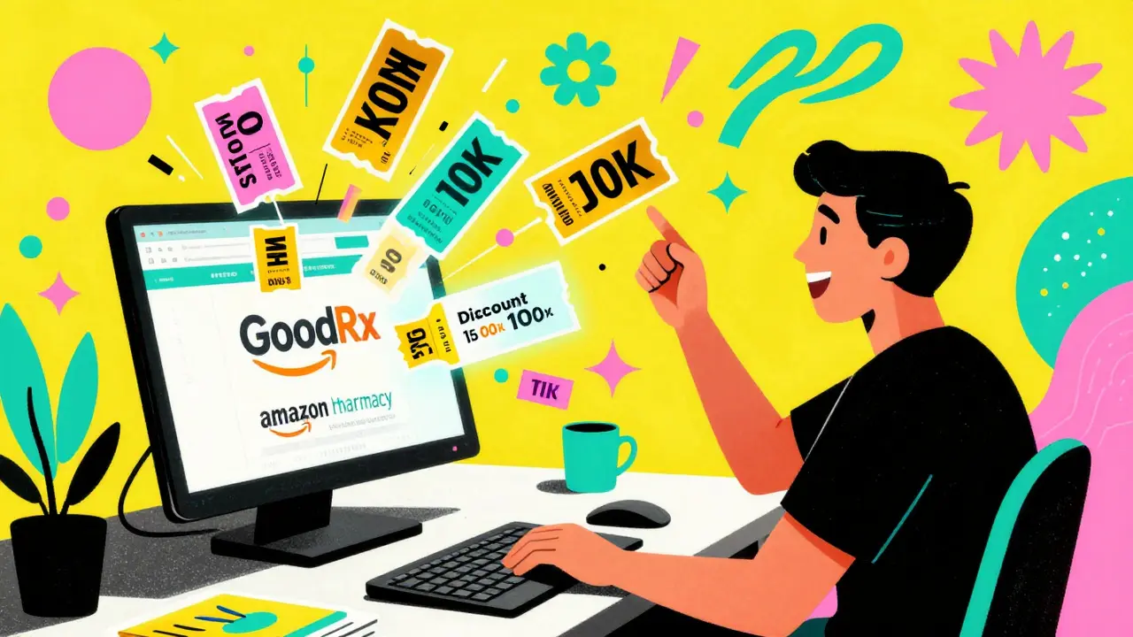 Person discovering colorful floating discount coupons around a laptop