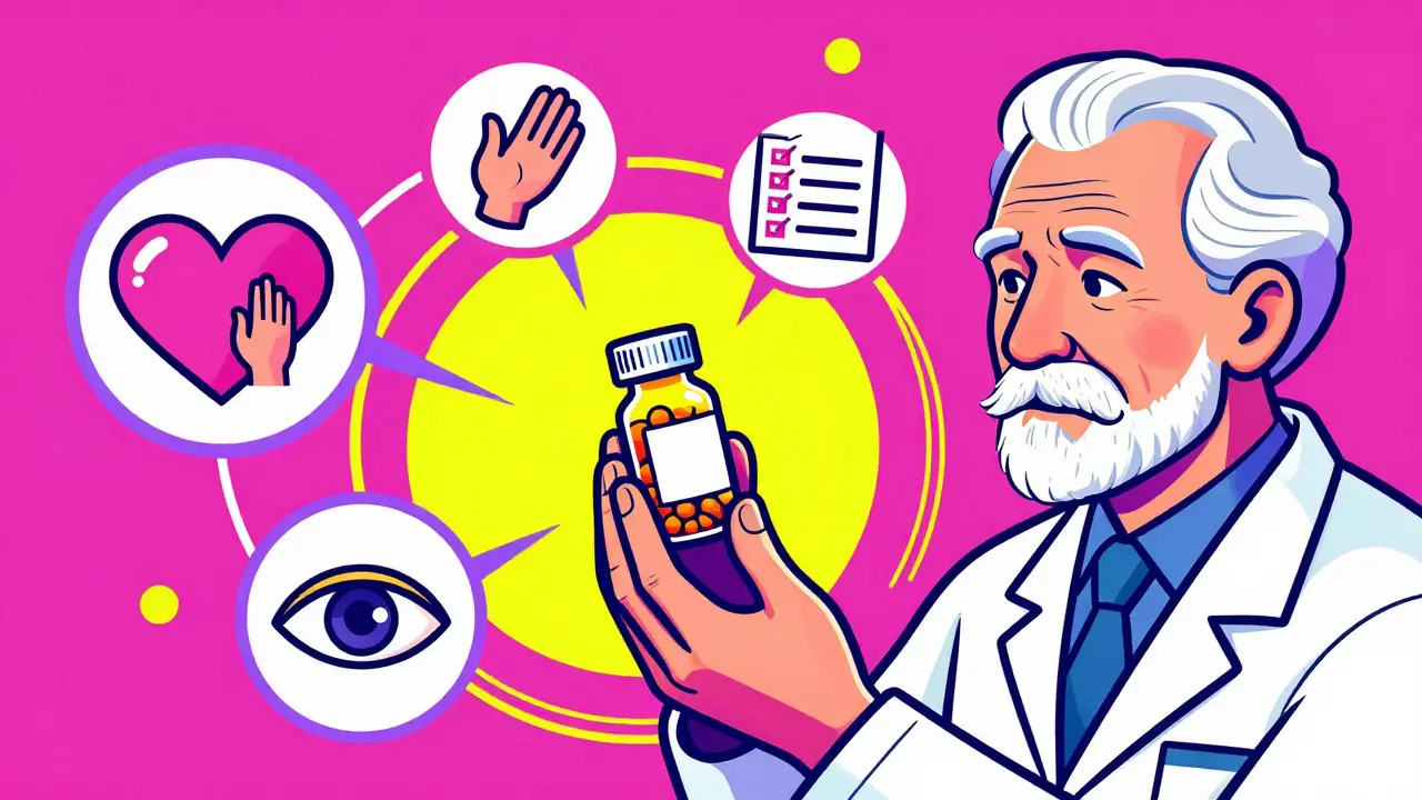 Psychedelic art of pharmacist verifying medication with elderly patient