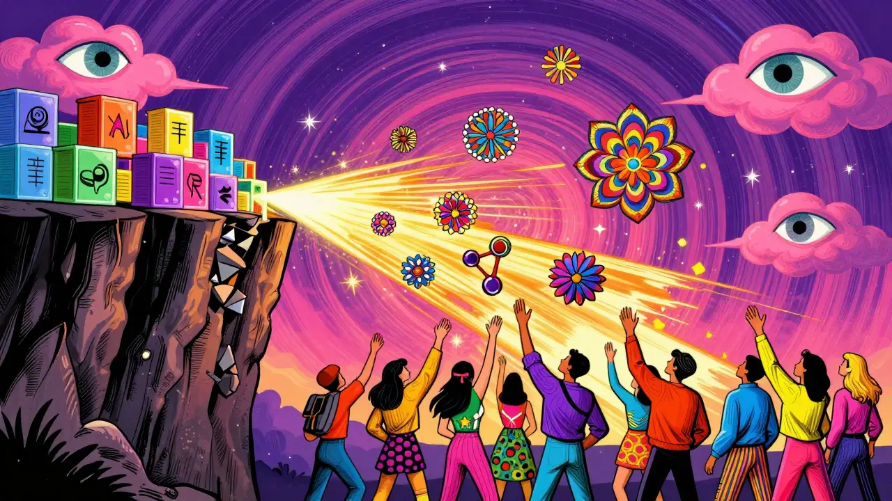 Psychedelic illustration of patent cliffs opening up biosimilar opportunities