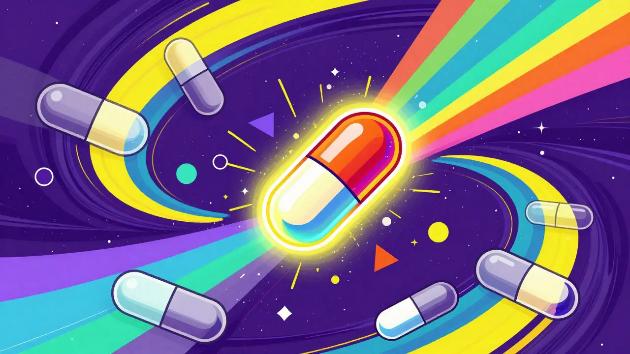 Single glowing pill merging others in a colorful abstract design