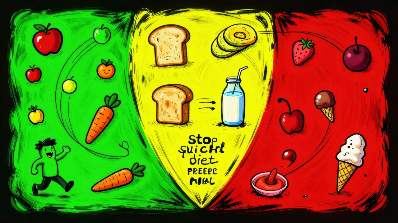 Stoplight diet concept with green, yellow, red foods