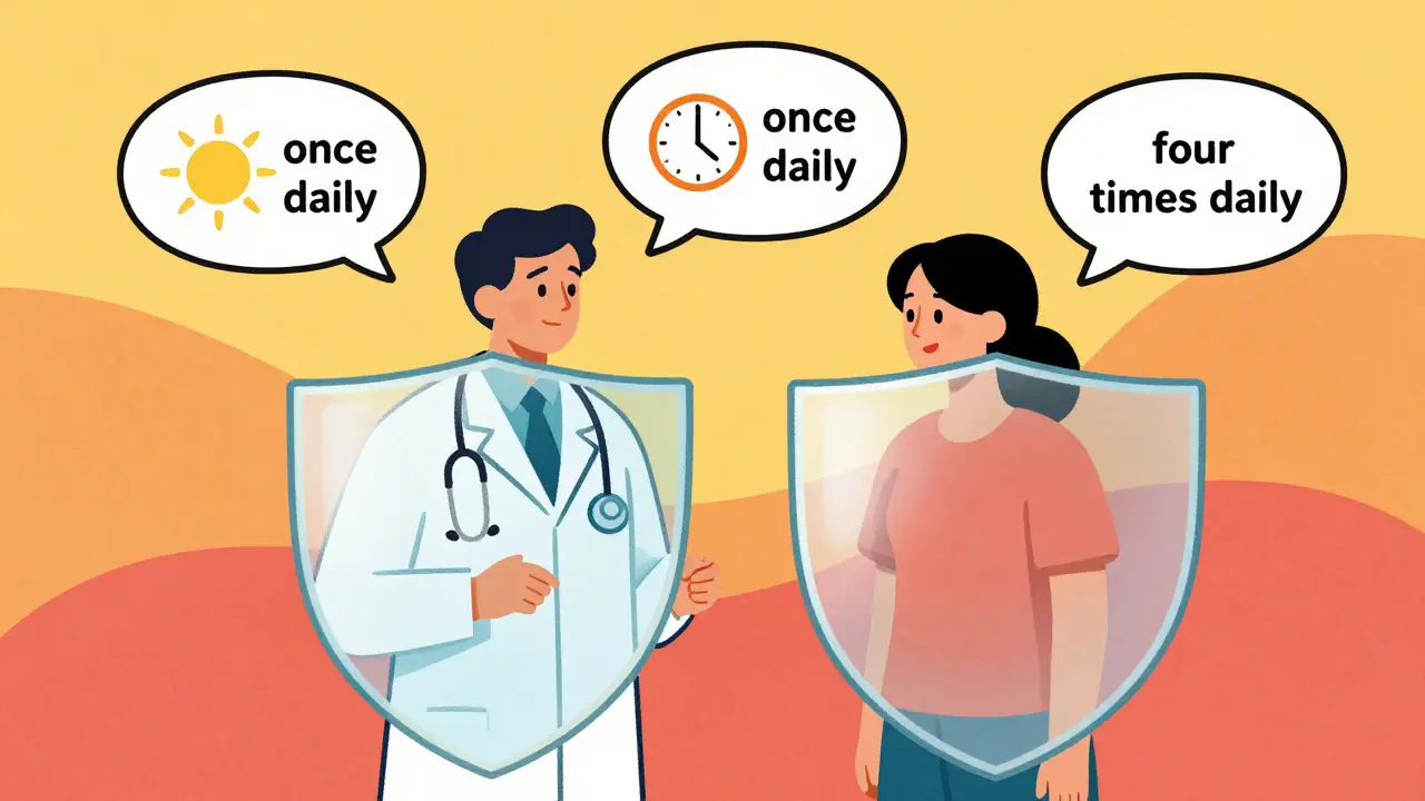 Vibrant illustration of a pharmacist and patient using clear icons instead of medical codes.