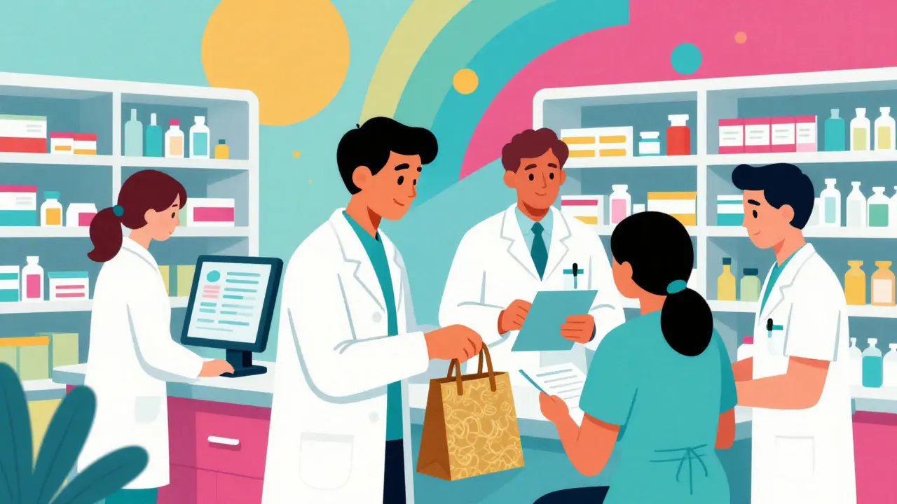 Vibrant illustration of pharmacy team working together to prevent errors