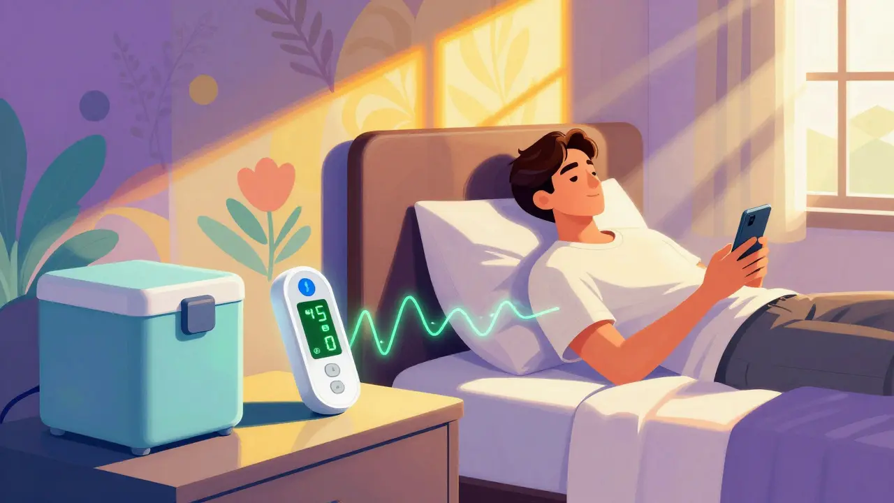 Vibrant illustration of traveler checking temp monitor in hotel room