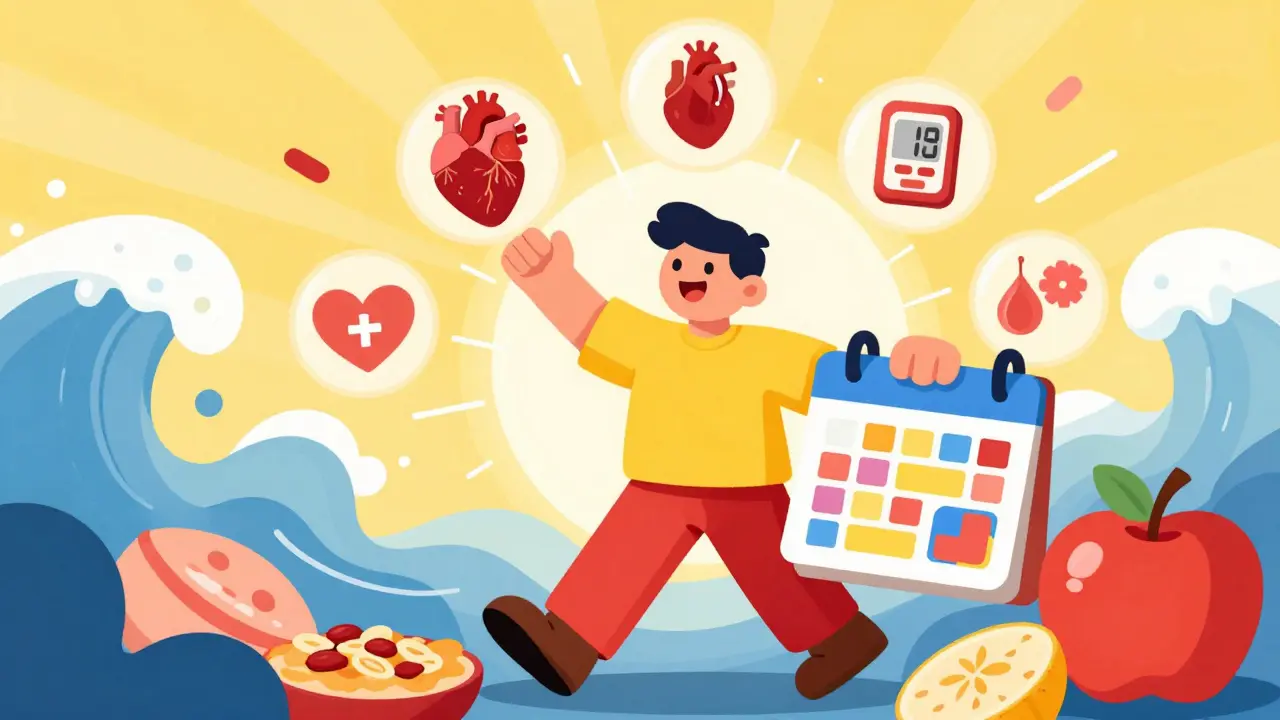 Vibrant Peter Max style image of healthy person managing meds and fiber