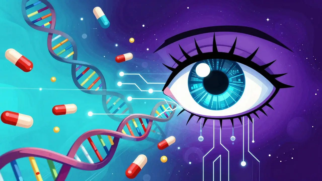 A geometric digital eye scanning floating pills and DNA strands in a cosmic Peter Max style artwork.