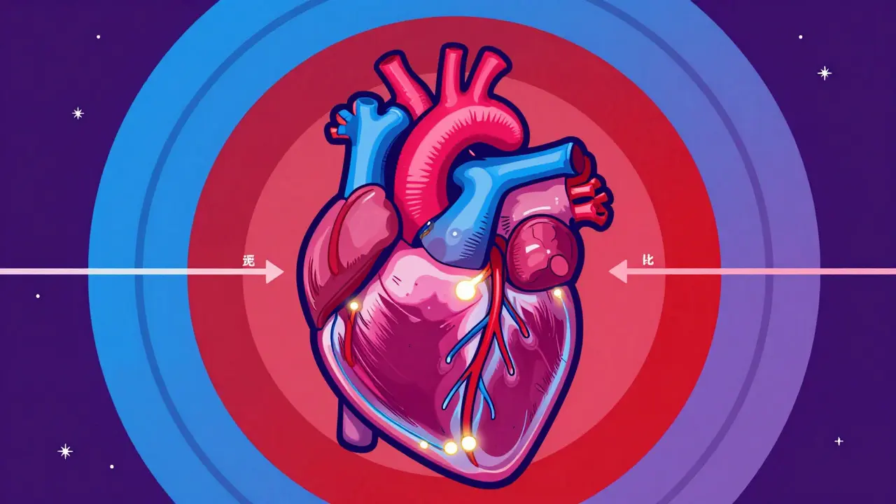 Abstract Peter Max art showing a stylized heart with color gradients representing rising blood pressure.