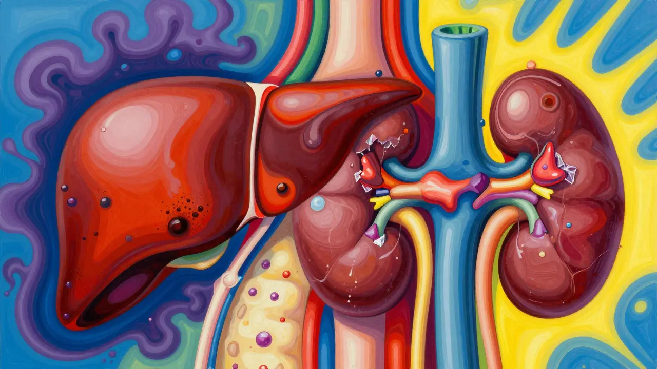 Artistic depiction of a stressed liver and kidneys with swirling toxins in a vibrant, abstract style