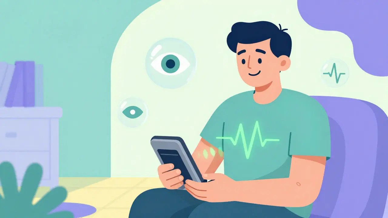 Cartoon illustration of a person calmly monitoring blood pressure with a glowing cuff in a colorful room.