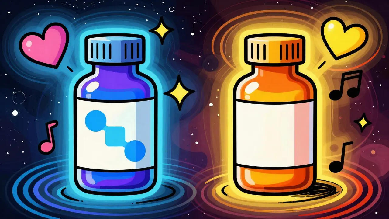 Colorful cartoon bottles comparing dinitrate and mononitrate medications