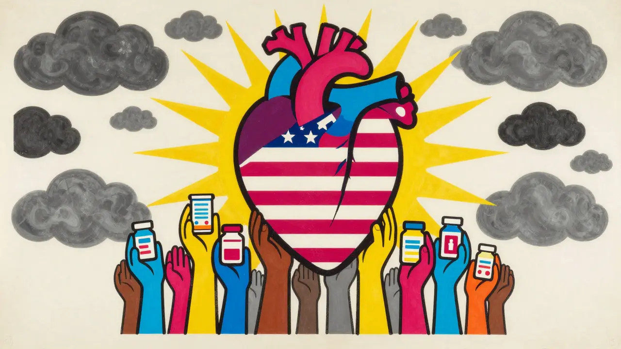 Colorful hands supporting healthcare system with generic meds