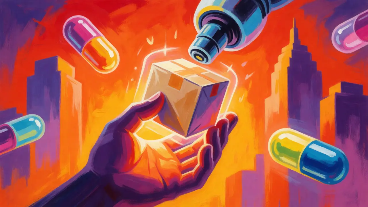 Colorful illustration of a hand receiving a glowing medication package from a drone in a city setting.