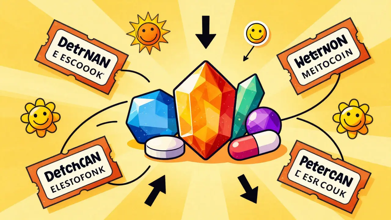 Colorful illustration of generic pills and discount coupons in Peter Max pop-art style.