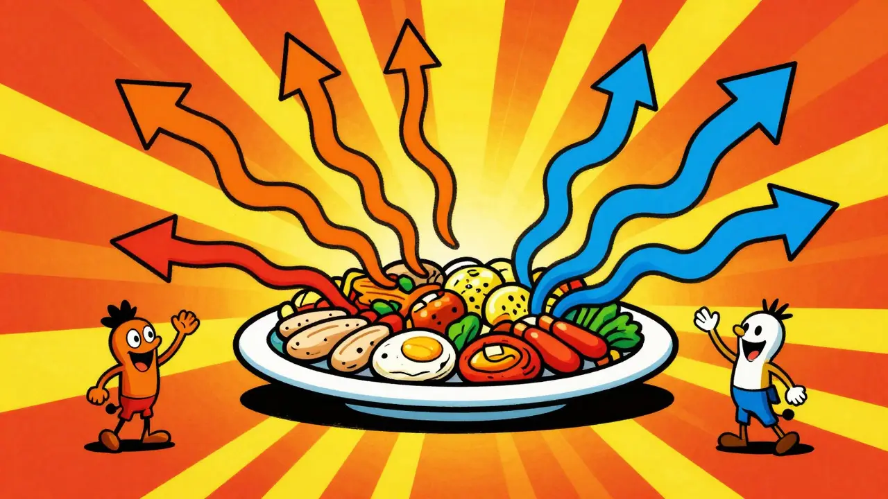 Colorful Peter Max illustration of food with radiating arrows representing different bolus types