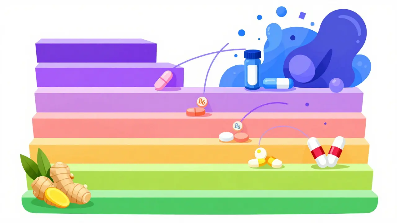 Colorful staircase illustrating the stepped-care approach to treating pregnancy nausea
