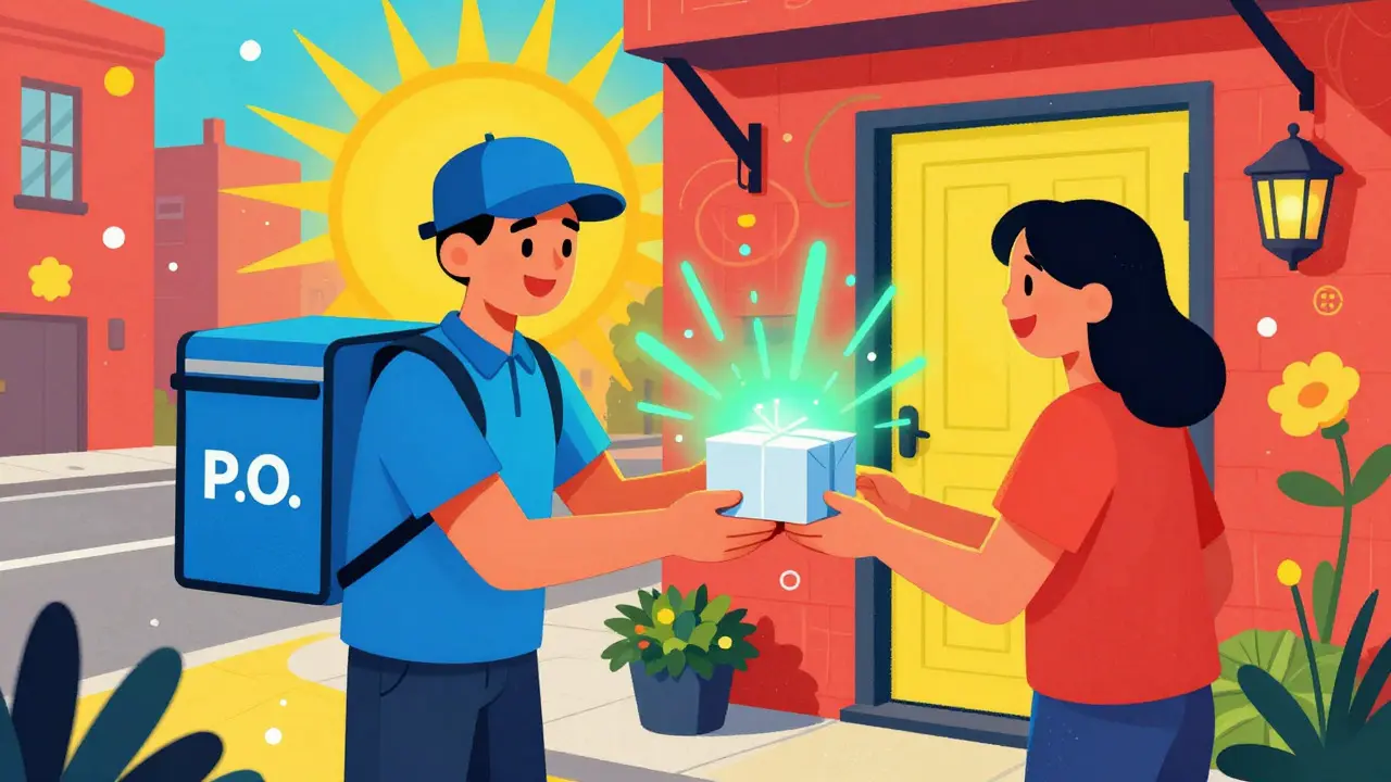 Courier delivering glowing medicine package in vibrant city