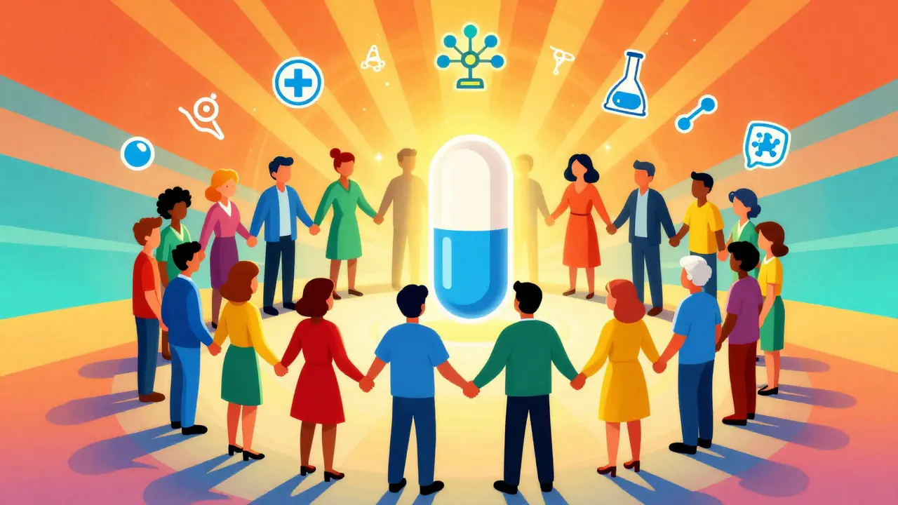 Diverse group holding hands around a medicine capsule in pop art style