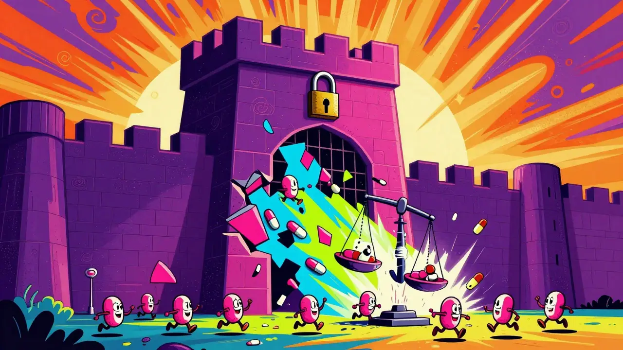 Explosion of colorful shards as patent fortress breaks, lowering drug prices