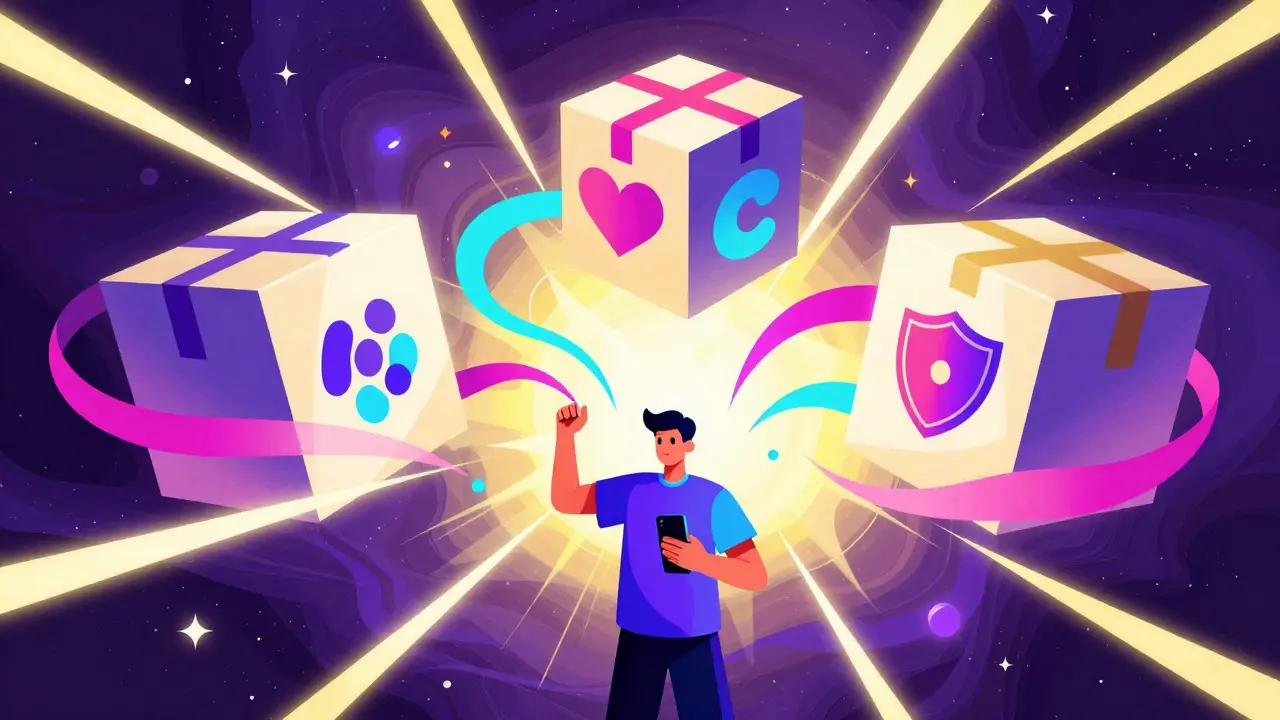 Floating medicine delivery boxes connected by neon ribbons in a vibrant Peter Max illustration.