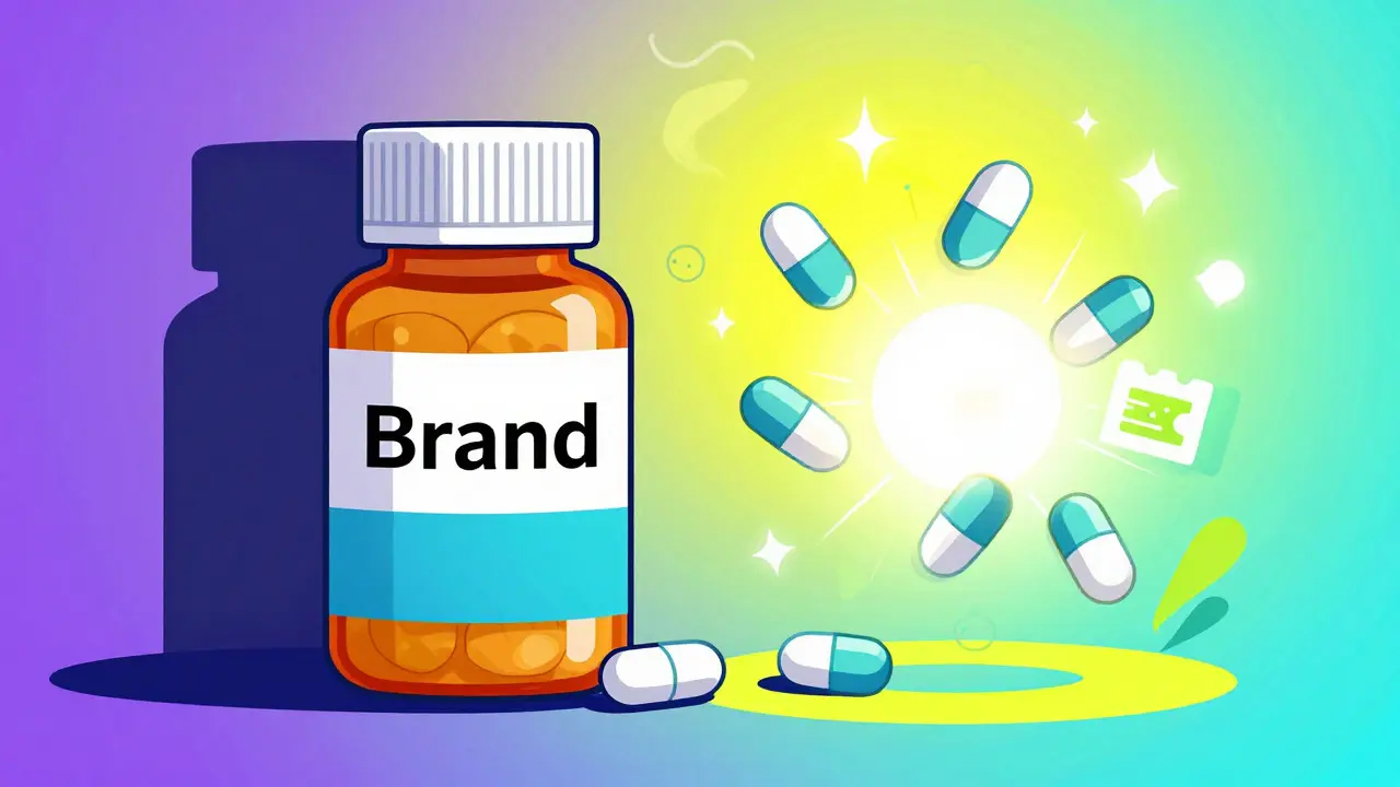 Generic pills shining brightly vs expensive brand name in colorful art