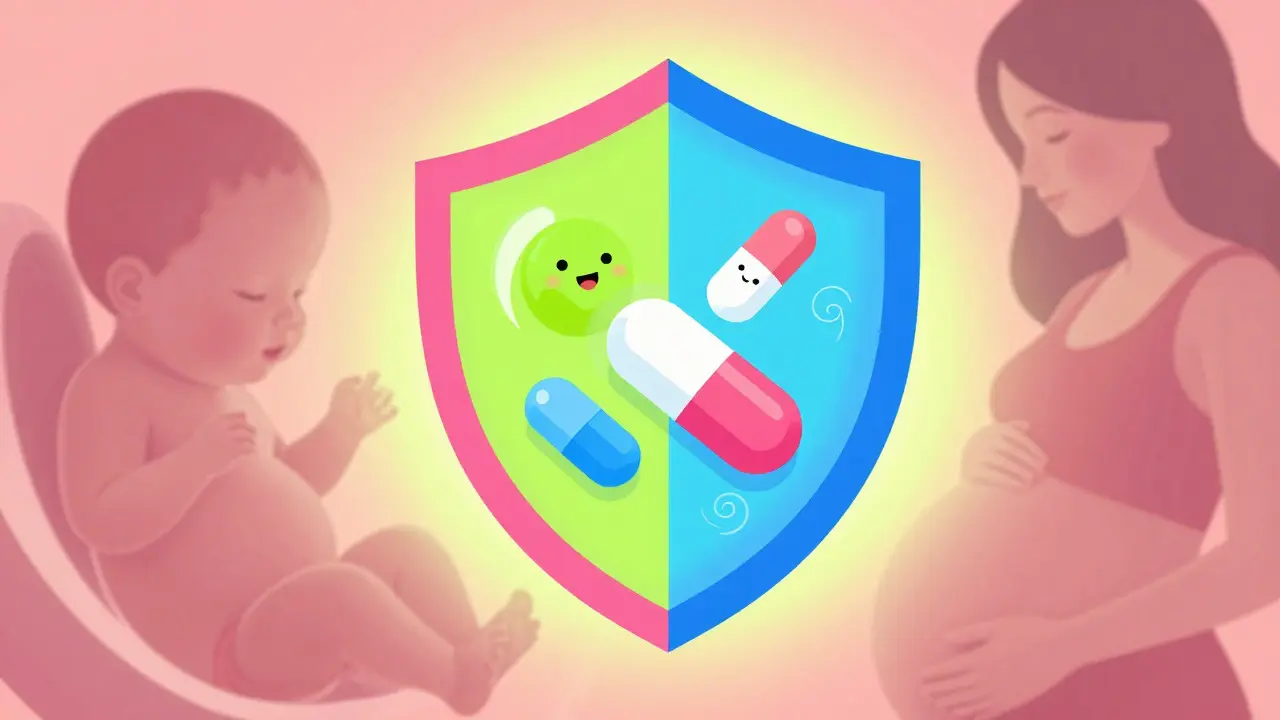 Glowing shield protecting mother and baby from medication risks in Peter Max style