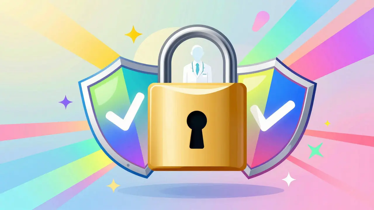 Golden padlock and rainbow shields symbolizing safe online pharmacy practices in Peter Max art style.