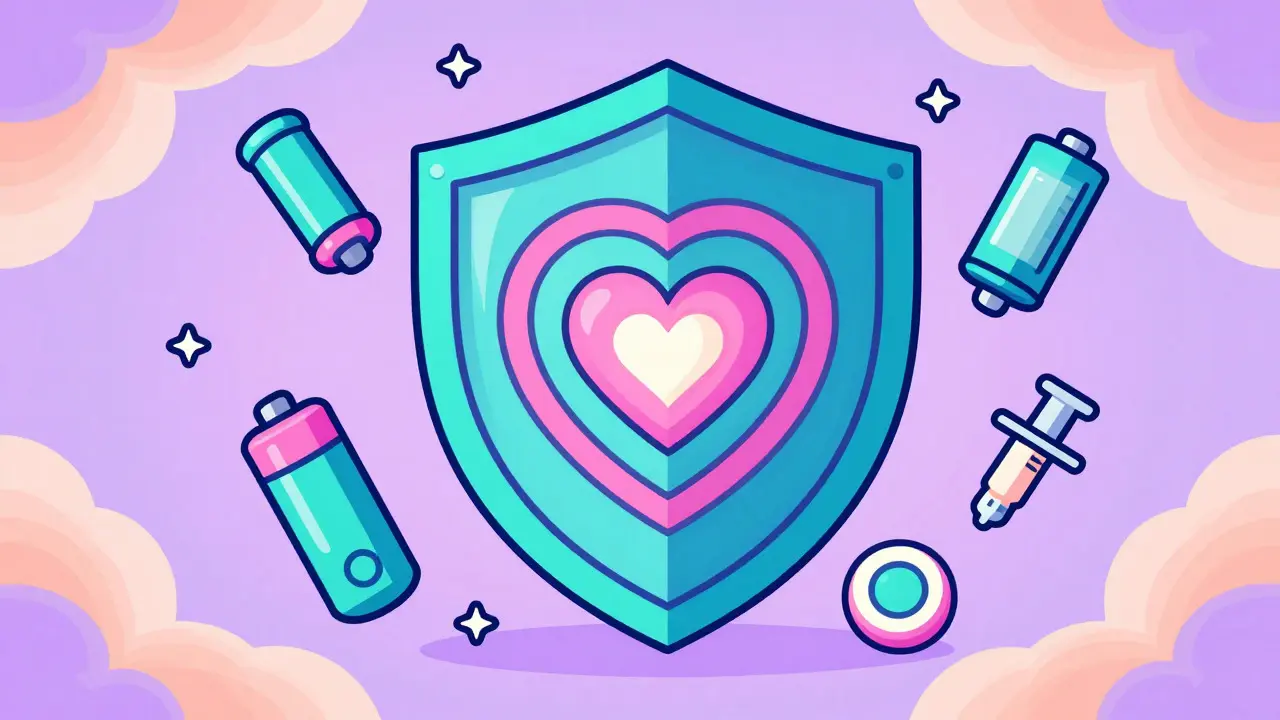 Peter Max style drawing of a protective shield surrounding a heart with medical supply icons