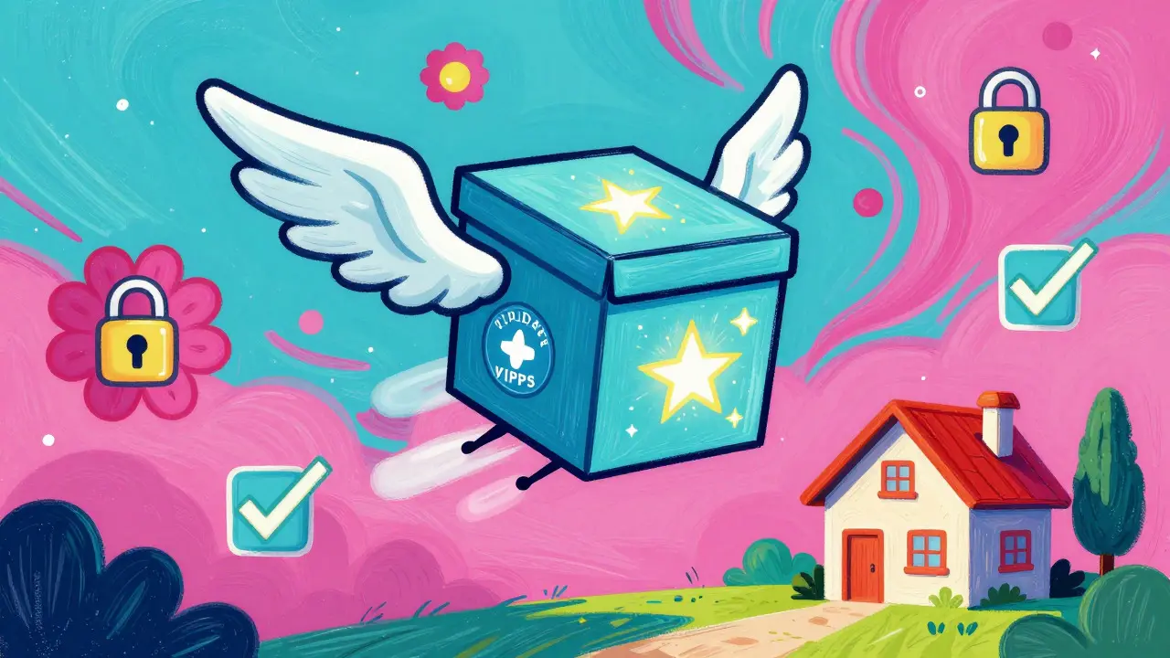 Psychedelic art of a safe medication delivery box flying to a home in Peter Max style.