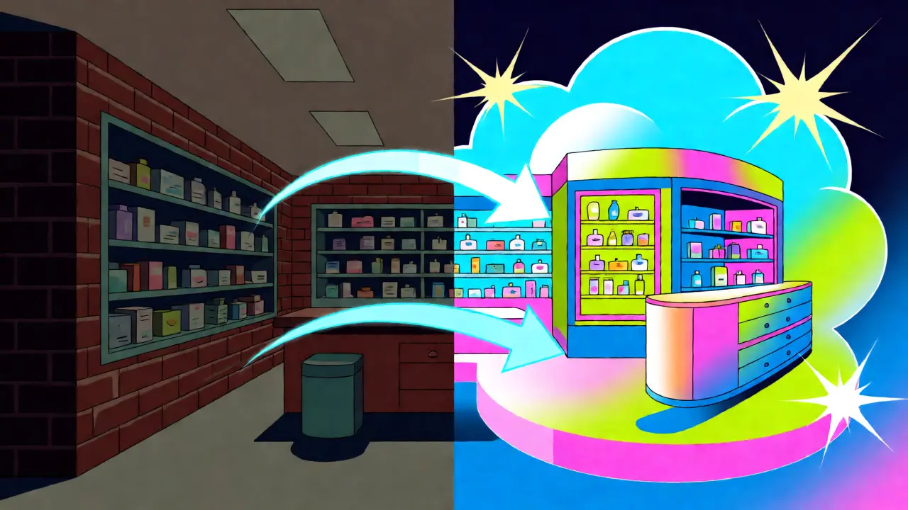Stylized comparison of traditional pharmacy vs. bright online cloud pharmacy with connecting light arrows.